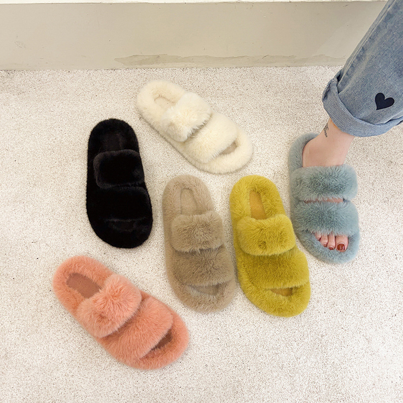 2022 autumn and winter New Outdoor Women's plush shoes one-strap women's plush slippers Korean casual home woolen slippers