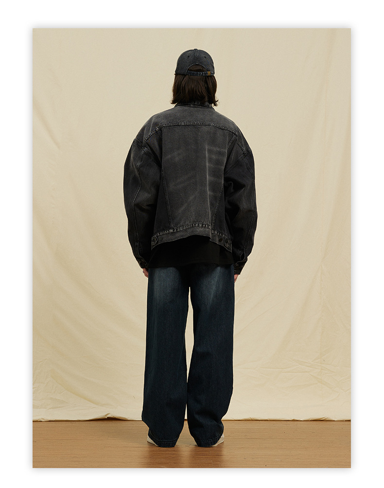 Men's Clothing trendy brand double line washed distressed black denim jacket men and women high street coat_voghion.com