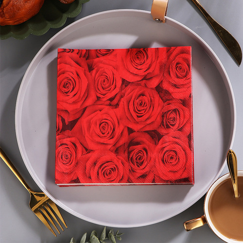 新款玫瑰花彩色印花餐巾纸纸巾西餐厅烘焙坊适用面巾纸批发