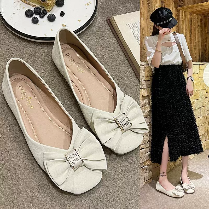 Туфли с бантом и квадратным носком женские 2023 летние новые неглубокие мягкие подошвы одинарные туфли темперамент на плоской подошве