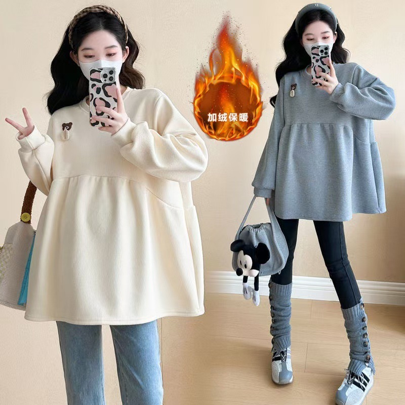 임산부 가을 겨울 정장과 작은 사람들을 위한 엉덩이를 가리는 벨벳과 두꺼운 따뜻한 상의 스웨트셔츠 재킷 중간 길이의 옷