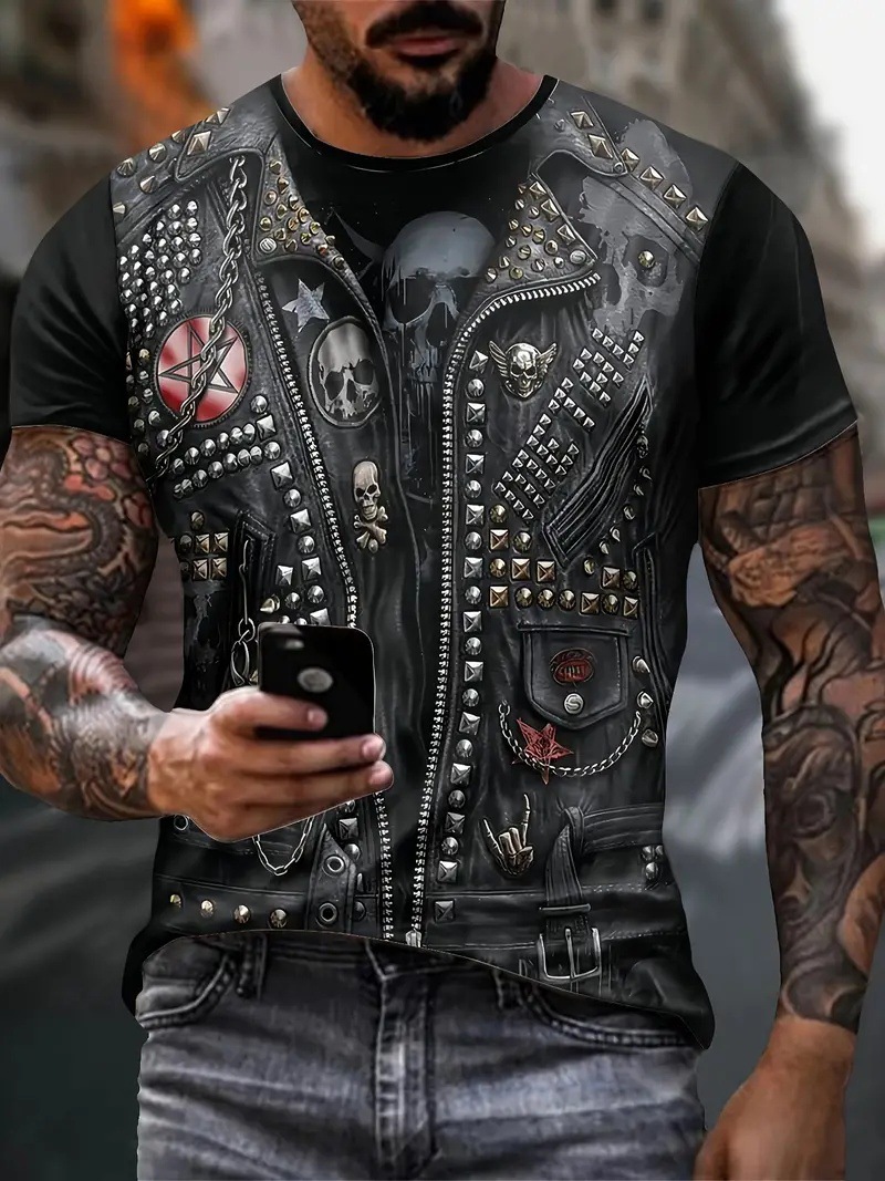 Personalidad divertida chaqueta de mezclilla de metal estampado 3D camiseta de cuello redondo de manga corta suelta y transpirable de la calle de verano de los hombres