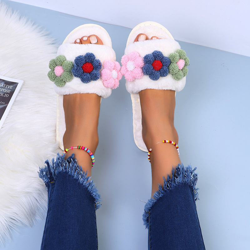 Flat-Bottomed Colorful Flowers Furry Slippers NSKJX104840