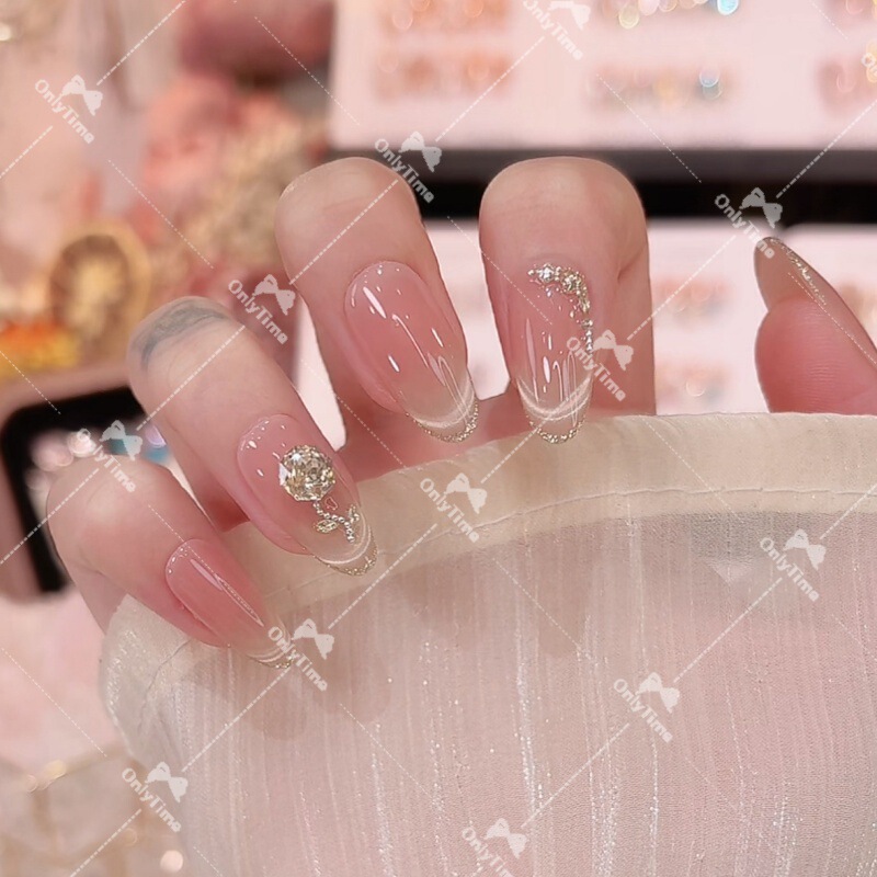 [Champagne Rose] Nail Champagne Gold Smile Cat Eye Wearable Nail Rose Three-Dimensional Design Diamond Manicure