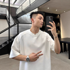 夏季男士短袖T恤高级感简约宽松上衣显肩宽小V设计款t恤上衣男士