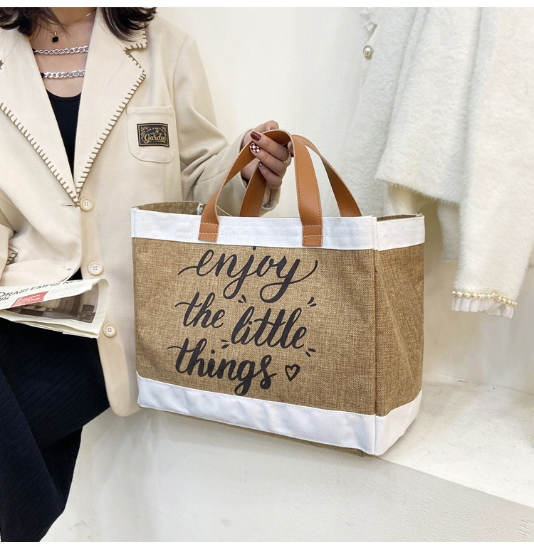 360g Weight Open Closure Type Top Handle Strap Type Tote Bag Bags Type Casual, Daily Occasion cotton and linen Material Letter Pattern All Seasons Season Women's Gender Basic, Classic Style Style Square Shape Large Size Women's Large Cotton And Linen Letter Basic Classic Style Square Open Tote Bag 11