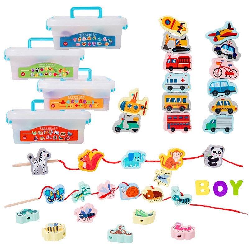 Juguetes de bloques de construcción de entrenamiento de concentración de rompecabezas de cuerda de enhebrado de cuentas para niños bebés 1-2 años 3 cuentas al por mayor