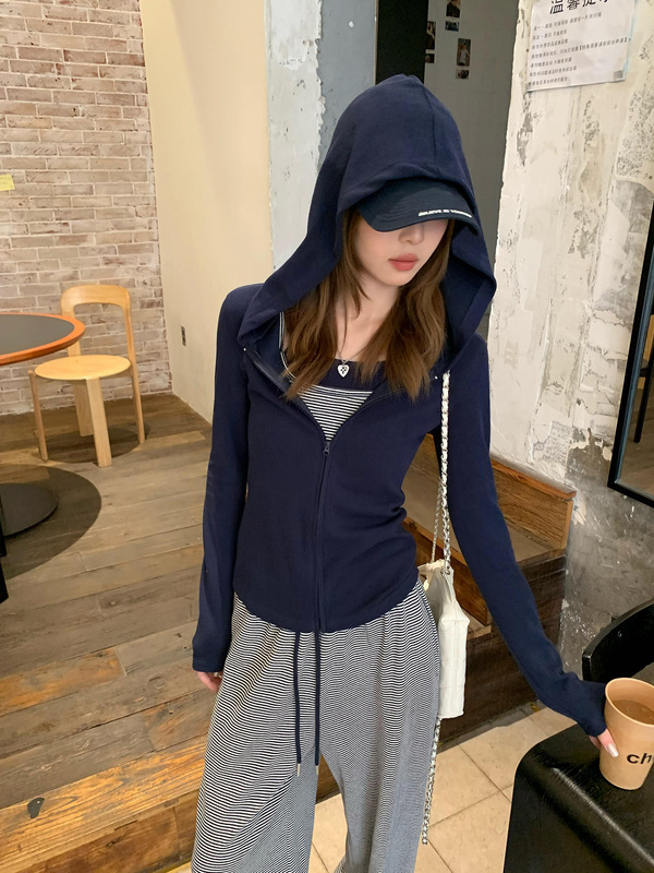 连帽卫衣外套女秋季2025新款设计感修身纯色针织开衫韩系百搭上衣|undefined