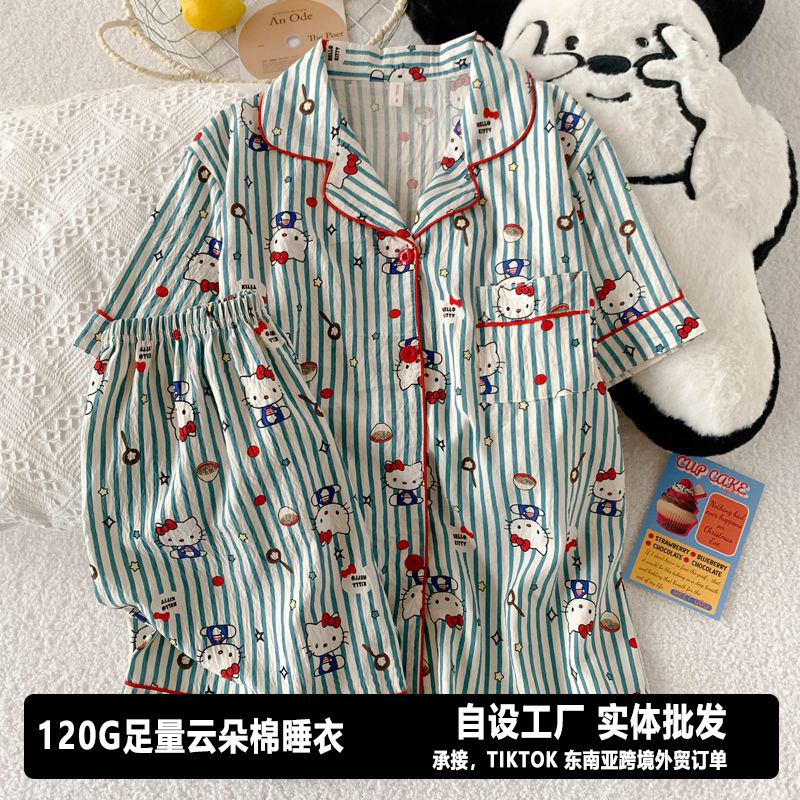 Nube de algodón pijama de mujer verano nuevo suelto pantalones cortos de manga corta de dos piezas conjunto de dibujos animados impresión pareja ropa para el hogar image 31