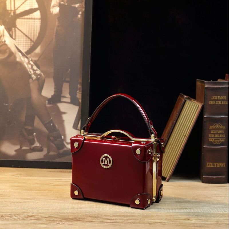 Retro suitcase women's square bag patent leather glossy wine red shoulder bag light luxury high-end crossbody women's bag wholesale