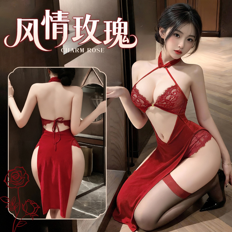 Feimu Erotic Lingerie Style Rose Hollow-Out Cheongsam Sexy Pure Desire Halter Neck Open-Chest No-Take-Off Sleepwear Zy184 Feimu Erotic Lingerie Style Rose Hollow-Out Cheongsam Sexy Pure Desire Halter Neck Open-Chest No-Take-Off Sleepwear Zy184
