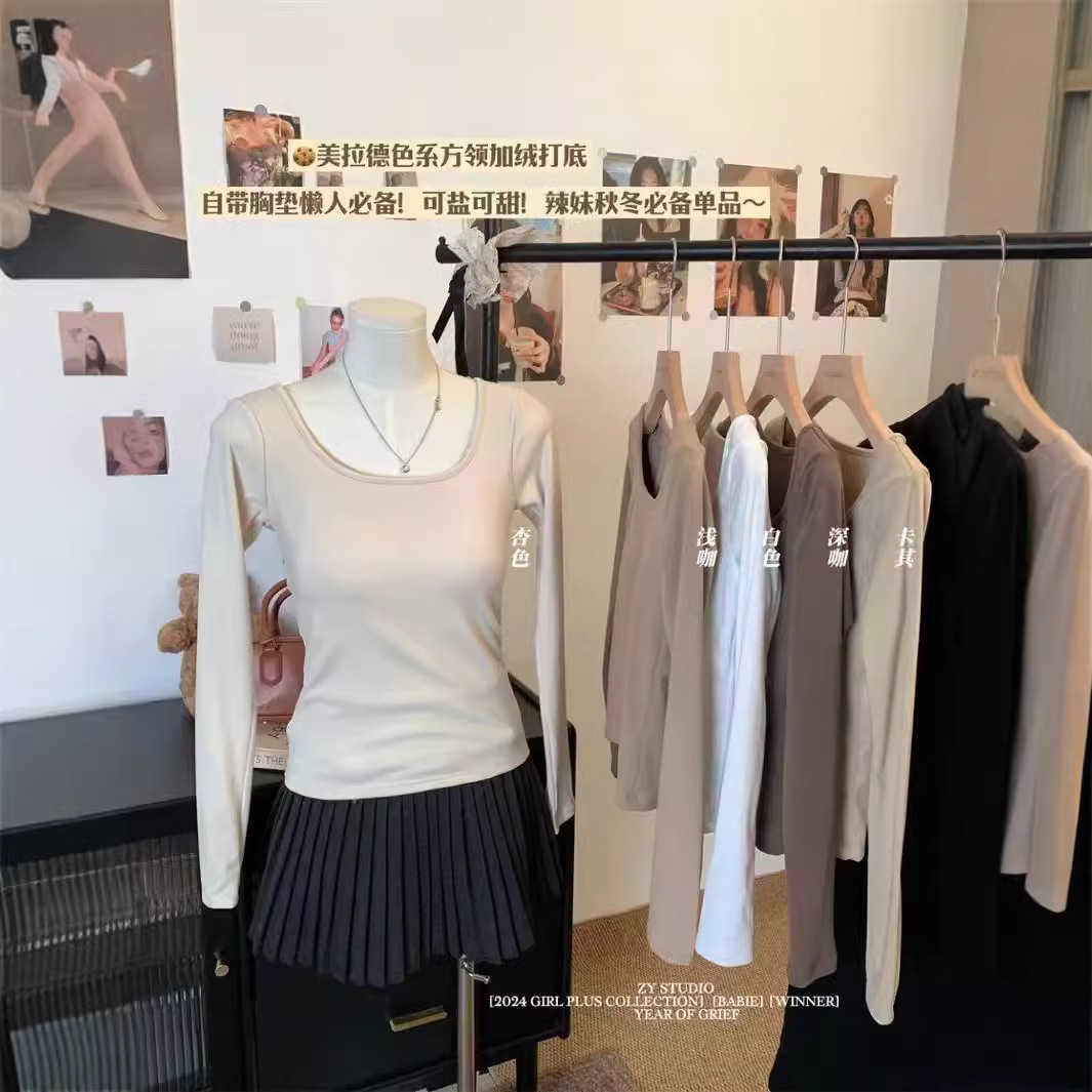 Early Autumn Spice Maillard Color fleece-lined Base Shirt with Square Collar with Chest Pad Slim-fit Slim-fit Outer Wear Top