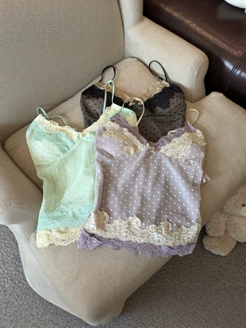 2026 New Double-Layer Polka Dot Lace Trim Camisole for Women, Summer Sleeveless Top for Outerwear or Layering, Sexy
