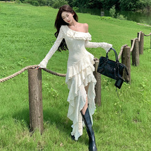 性感辣妹斜肩长袖连衣裙女不规则修身显瘦中长裙马尔代夫度假裙