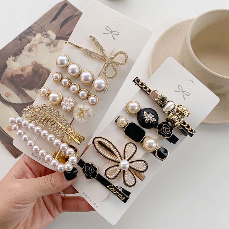 韩版ins抖音新款复古小熊5件套发夹简约珍珠发卡边夹鸭嘴夹套装|ru