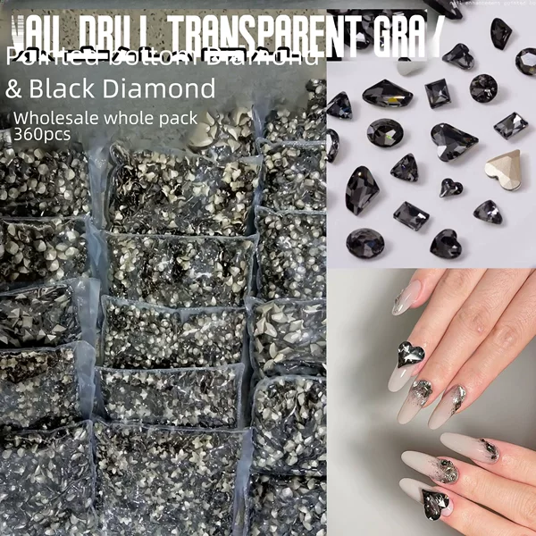 Wholesale whole package of 360 nail art through gray Black Diamond dark black jewelry flash heart love fat nail accessories drill