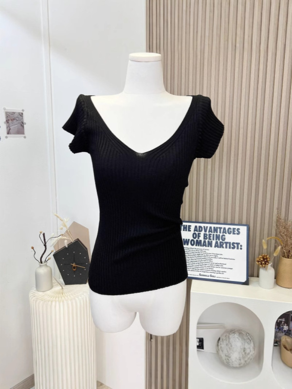 気質スリム深Vネックボディシェイピングフライングスリーブスリム半袖セーターTシャツ女性用|undefined