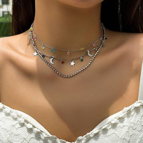 European and American cross-border jewelry Colorful gravel ethnic pendant tassel necklace Simple stacked thin chain star and moon necklace