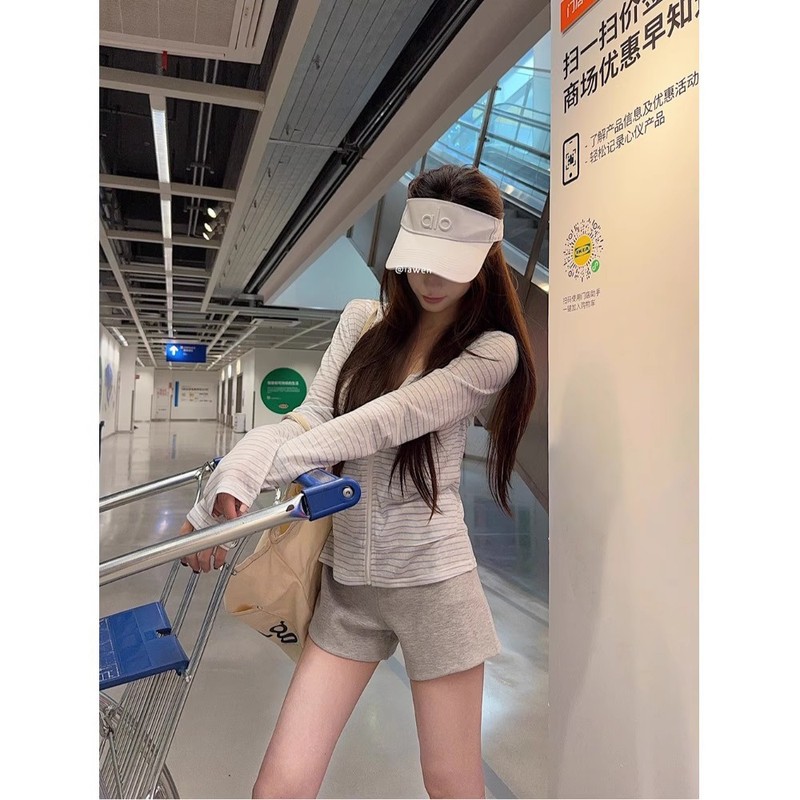 慵懒风条纹拉链长袖连帽开衫外套女夏季短款百搭休闲防晒罩衫上衣|undefined
