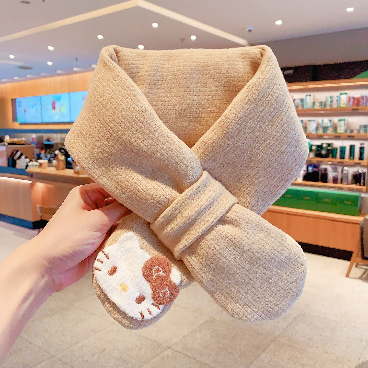 라이트 카키 키티 스카프