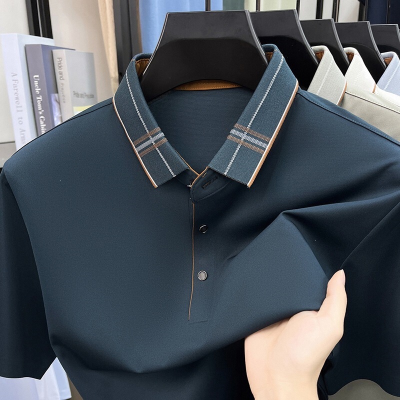 Summer Seamless Short-Sleeved T-Shirt for Men, New Style with Mulberry Silk Lapel, Middle-Aged Casual Trendy Fashion Polo Shirt