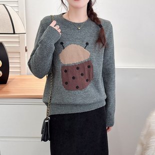 Winter New Style 100kg Fat Sister Plus Size Women's Clothing Age-Reducing Ladybug Jacquard Knitted Sweater Bottoming Top 5850