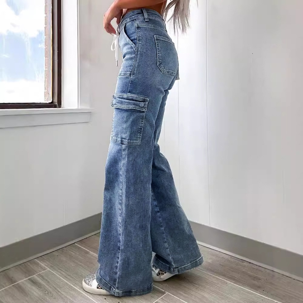 Jeans Cargo Rectos para Mujer de Mezclilla de Algodón y Poliéster con Múltiples Bolsillos para Uso Casual