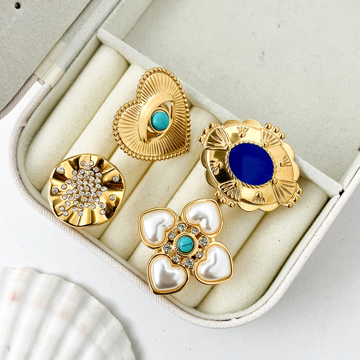 13g Weight Artificial Pearls, December Birthstone Turquoise Inlay Material Adjustable Ring Classification Adjustable Ring Size 1 Piece Quantity Wholesale Jewelry Classic Style Heart Shape Titanium Steel Artificial Pearls Turquoise Enamel Plating Inlay Adjustable Ring