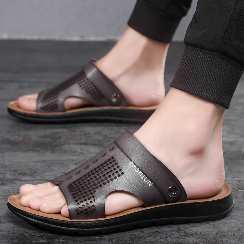 Dép sandal nam cỡ lớn hở ngón da PU chống trơn trượt, thoáng khí đi biển — Nâu Đen, Xanh lam đậm, Xám đậm, Đỏ rượu