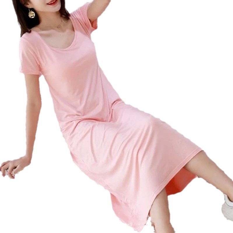 Pijama con cojín de pecho para mujeres de verano de mangas cortas delgada pijama de color sólido largo sobre la rodilla se puede usar ropa de hogar un cabello