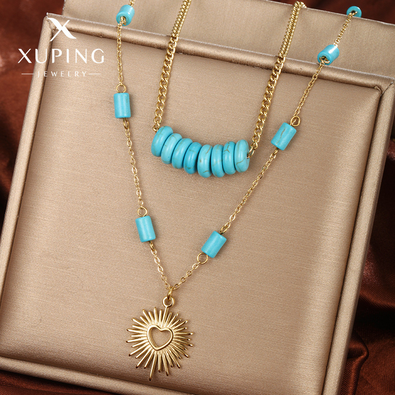Xuping Jewelry European and American Cross-Border French Retro 14K Plated Women's Stainless Steel Turquoise Necklace for Women