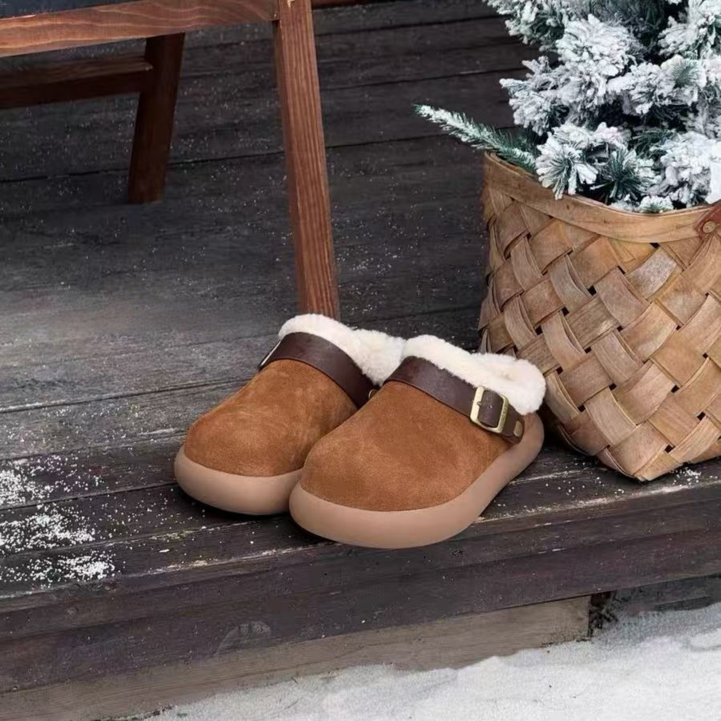 Zoccoli da donna foderati in pelliccia sintetica - Scarpe invernali slip-on con suola spessa, punta rotonda e interno in pile caldo per un comfort casual. Scarpe in cotone_voghion.com