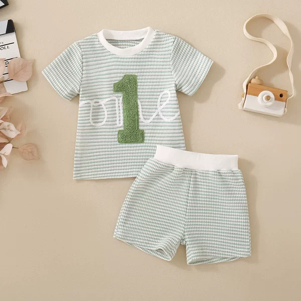 Yt2406Cc Neutral Unisex Baby Waffle Stripe 1-Line Towel Embroidery T-Shirt + Shorts Set