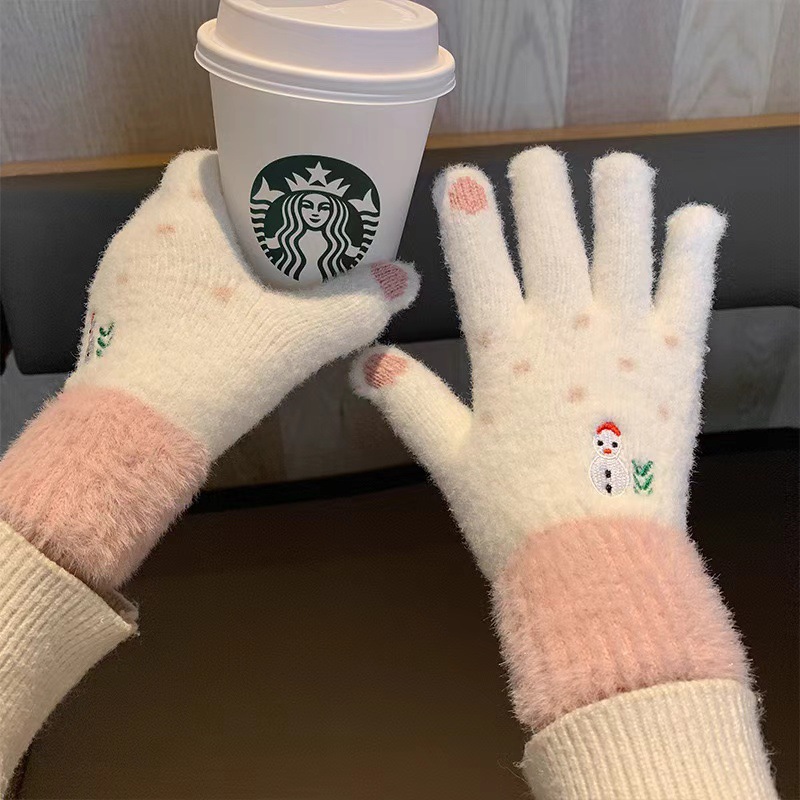 Guantes de peluche de otoño y invierno damas guantes de punto de peluche caliente antifría engrosado guantes lindos de dibujos animados al por mayor