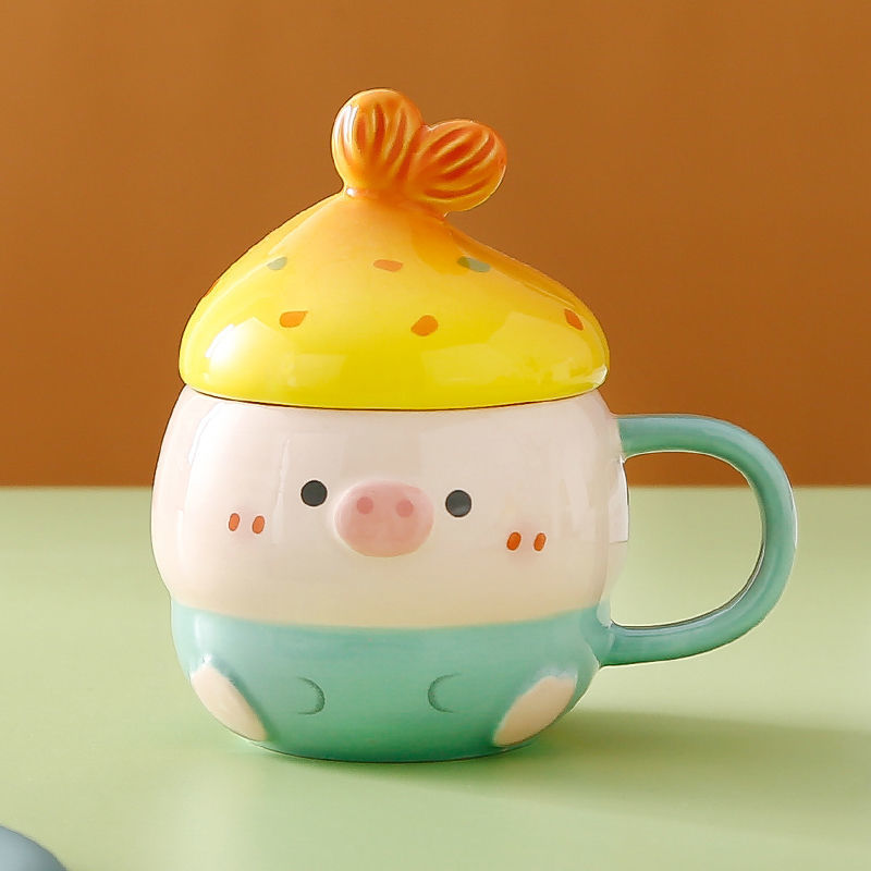Piggy マグカップ ins 高価値セラミックカップ蓋付きスプーンカップかわいいウォーターカップセラミッククリエイティブカップルカップ|undefined