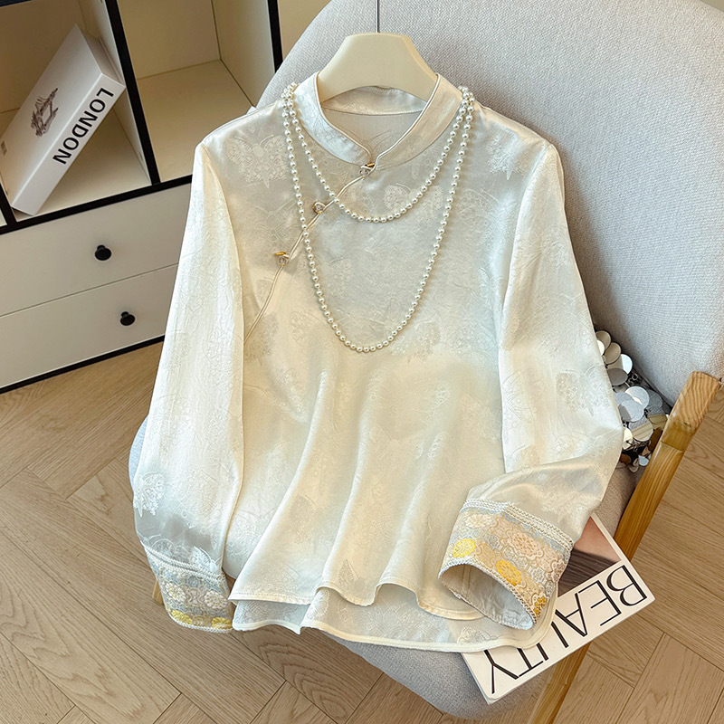 New Chinese-Style Vest with Bottoming Shirt, Mulberry Silk Song Brocade Shirt, Women's Long-Sleeved Stand-Up Collar, Improved Chinese-Style Top