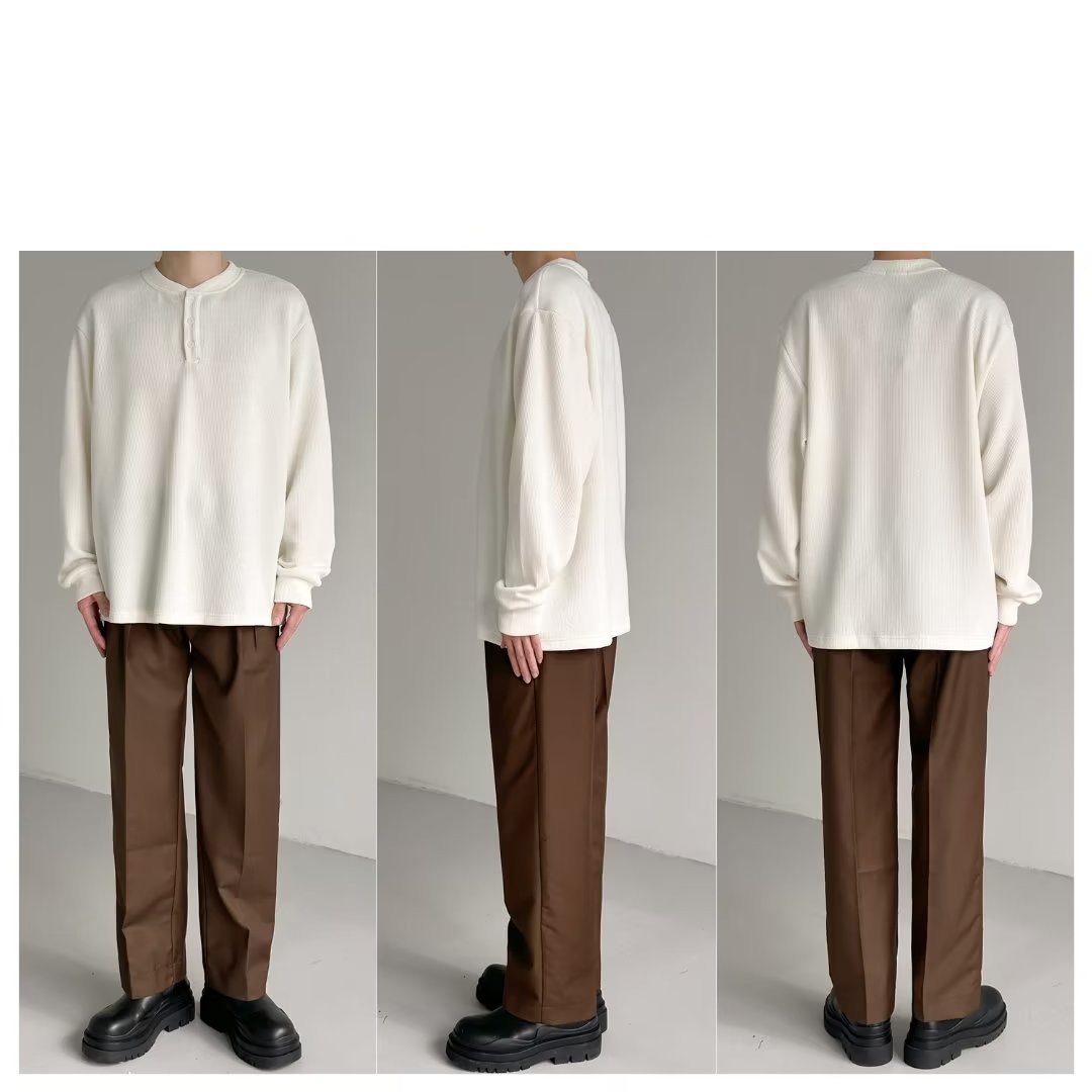 Herrenbekleidung Langarm-T-Shirt, Waffelstrick-Henley-Langarm-T-Shirt für Herren - Strukturierter, lässiger Arbeitspullover mit Knopfleiste_voghion.com