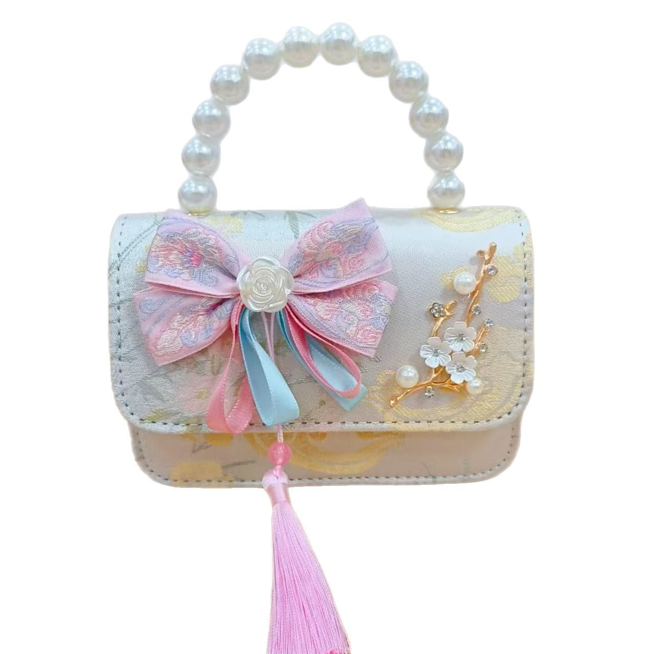 Bolsas de niños arco de estilo chino borda de niña pequeña princesa perla bolsa de cambio de mano al por mayor