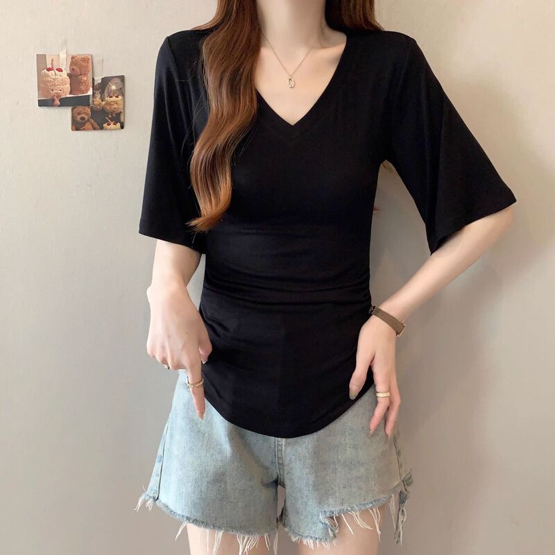 莫代尔V领短袖t恤女2025夏季纯欲风高级感宽松显瘦内搭打底衫上衣|undefined