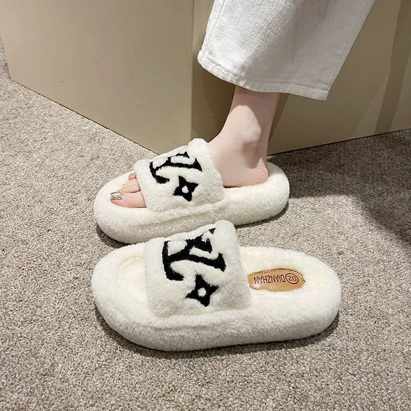 Xiaosiangfeng толстый подошв шерстяные тапочки женская одежда мода осень и зима 2024 новая вышивка плоская подошва противоскользящая домашний хлопок