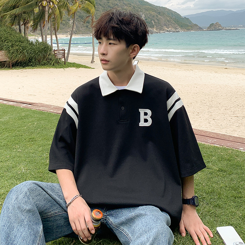 Men's Polo Shirt, Short-sleeved, Summer, Japanese Heavy-duty T-shirt, College Style, Youth, Color-blocking,_voghion.com