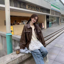 实拍~ 美式复古蝴蝶结皮衣夹克宽松外套女蕾丝边内搭打底套装女装