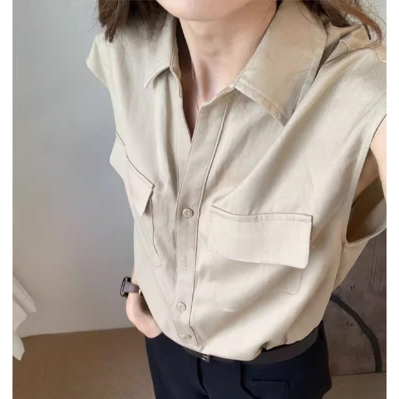 Old Money Style Khaki Linen Polo Collar Sleeveless Shirt for Women in Summer, Loose, Slim and Chic Waistcoat Shirt