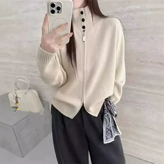 韩系高领坑条毛衣女 双拉链针织开衫2026秋冬新款高级感上衣外套