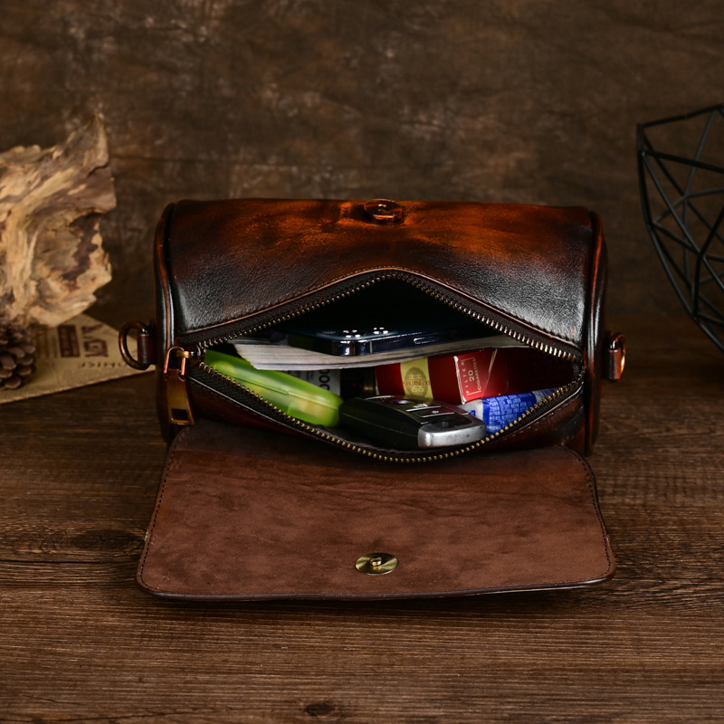 New genuine leather women's crossbody distressed and niche design, single shoulder bag, top layer cowhide cylinder bag_voghion.com