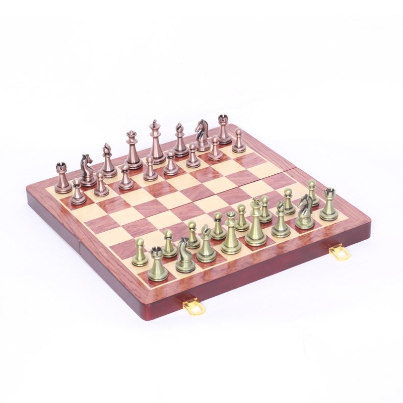 Metal International Chess Set Foldable Board for Beginners, Adults, and Children, Antique Bronze Chess Pieces, Educational, Portable, Magnetic