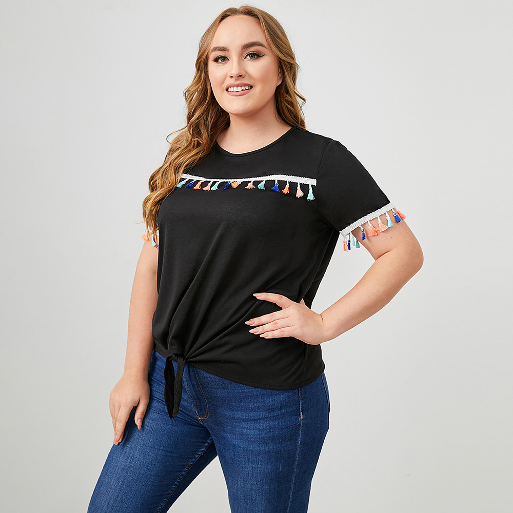 Plus Size Round Neck Short Sleeve Solid Color Lace-Up Tassel T-Shirt NSWCJ112804