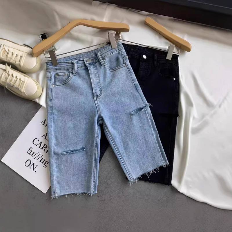 Light-Colored Five-Point Jeans for Women, Summer New Style, Slim Fit, Ripped, Student Elastic, Small, Taller, Cycling Pencil Shorts Light-Colored Five-Point Jeans for Women, Summer New Style, Slim Fit, Ripped, Student Elastic, Small, Taller, Cycling Pencil Shorts