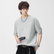 新款亚麻短袖针织衫男夏季薄款感宽松休闲透气半袖t恤打底衫