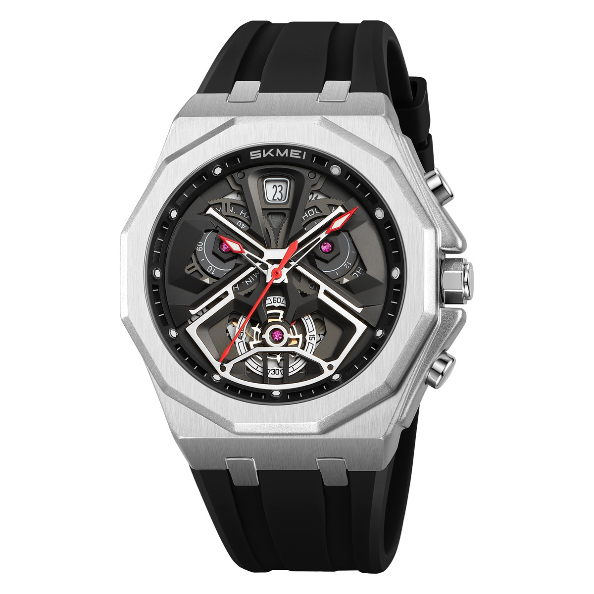 Momento de belleza para hombres octogonal oro viento mecánico reloj de cuarzo transfronterizo correa de silicona multifuncional relojes de pulsera ocio